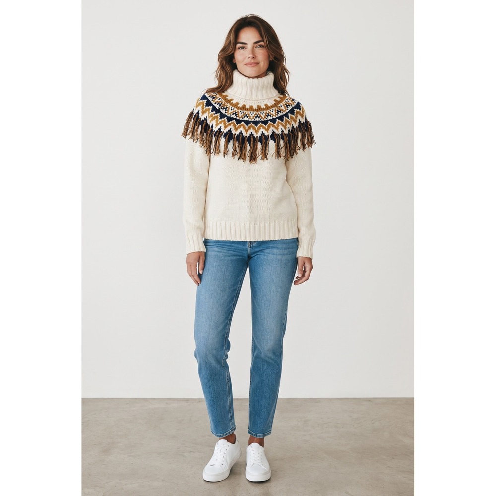 Forever 21 Contemporary Fair Isle Fringe Turtleneck Sweater Cream Navy XS
